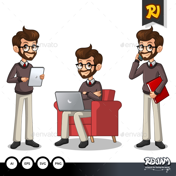 Set of Hipster Businessman Working on Gadgets - People Characters