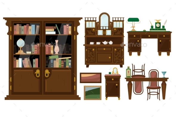 Flat Vector Set of Classic Wooden Furniture - Objects Vectors
