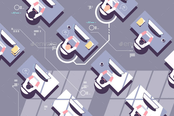 Top View of Office Workers in Workplace - People Characters