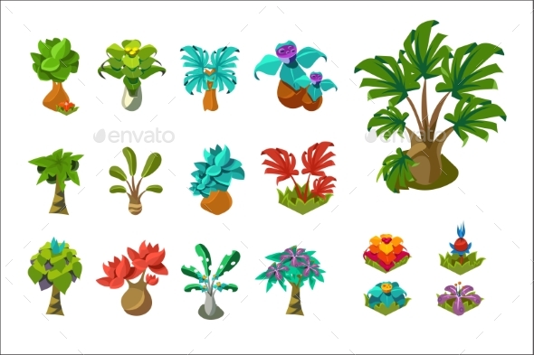 Colorful Fantasy Tropical Trees and Plants, Nature - Animals Characters