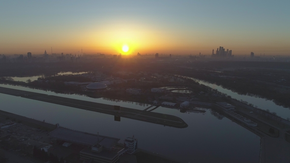 Silhouette of Moscow City at Summer Sunrise. Aerial View. Russia alt