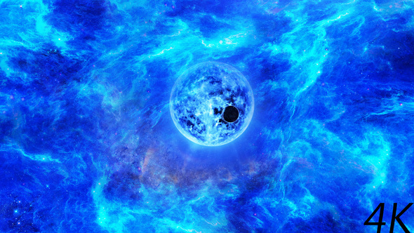Journey Through Abstract Space Nebula to the Big Blue Star and Planet