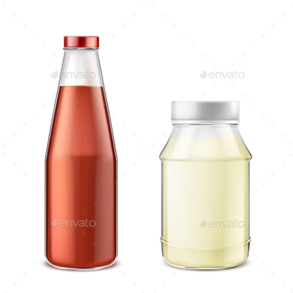 Vector Set of Bottles with Ketchup and Mayonnaise - Food Objects
