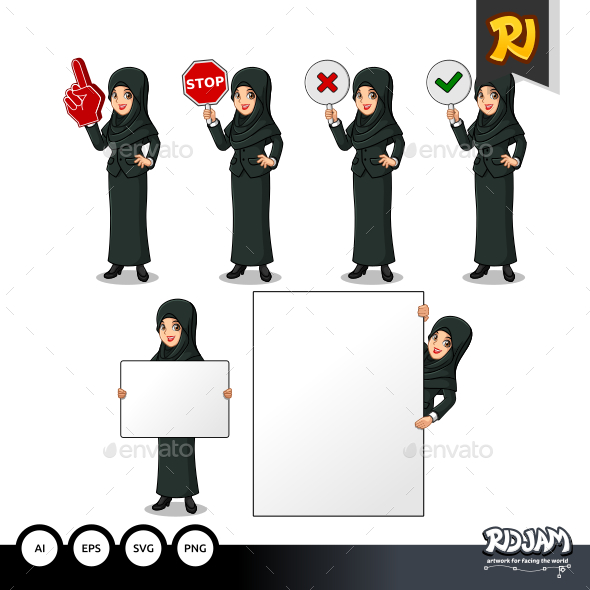Set of Businesswoman in Black Suit with Veil Holding Sign Board - People Characters