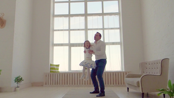 Happy Family Idyll Little Child Daughter Jump On Father Arms, Stock Footage