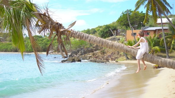 Adorable Little Girl Sitting on Palm Tree During Summer Vacation on White Beach alt