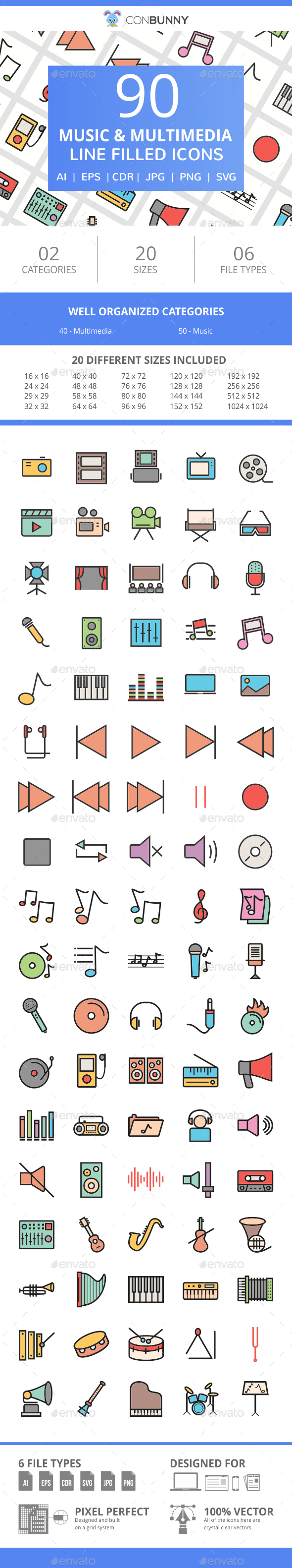 90 Music & Multimedia Filled Line Icons - Icons