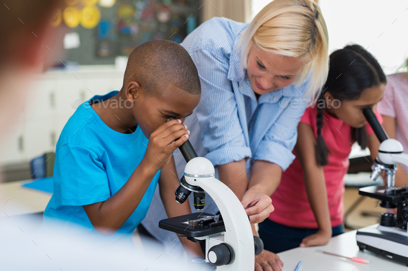 Children scholar looking through microscope Stock Photo by Rido81 | PhotoDune