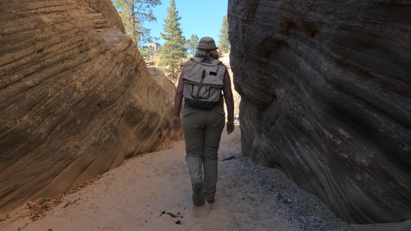 A Hiker Mature Woman Walks Between The Smooth And Wavy Rocks Of The Canyon alt