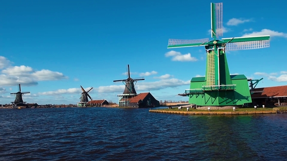Famous Kinderdijk Mills on the Water Channel. Netherlands, Europe. Unesco World Heritage Site