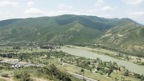 View from Georgian Orthodox Monastery Jvari to Mtskheta in the Mountain alt