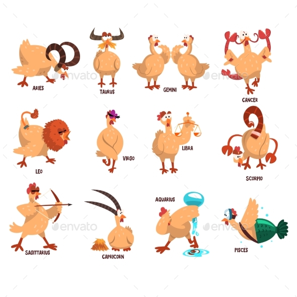 Farm Chicken Showing 12 Zodiac Signs - Animals Characters