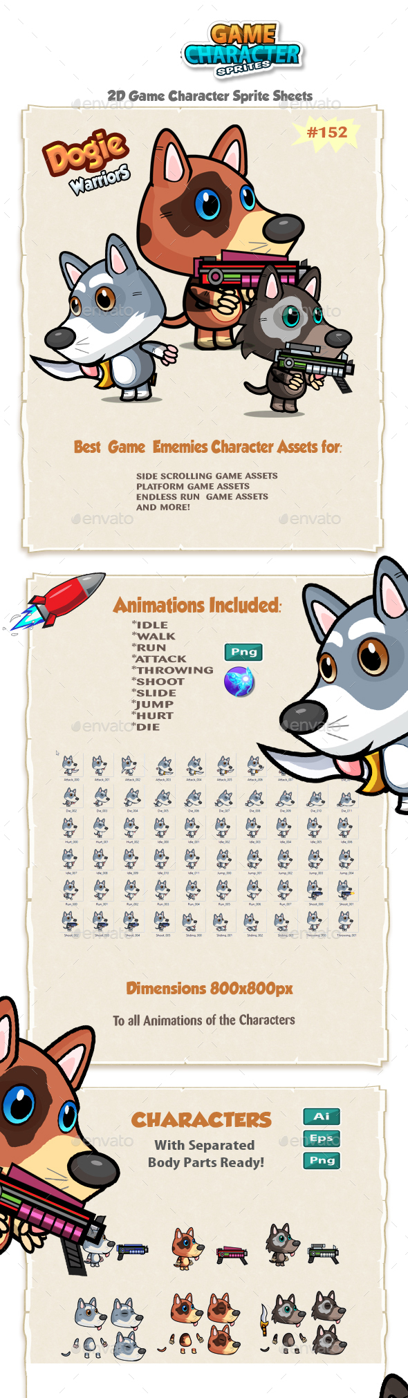 Cute Dogies 2D Game Character Sprites 152 - Sprites Game Assets