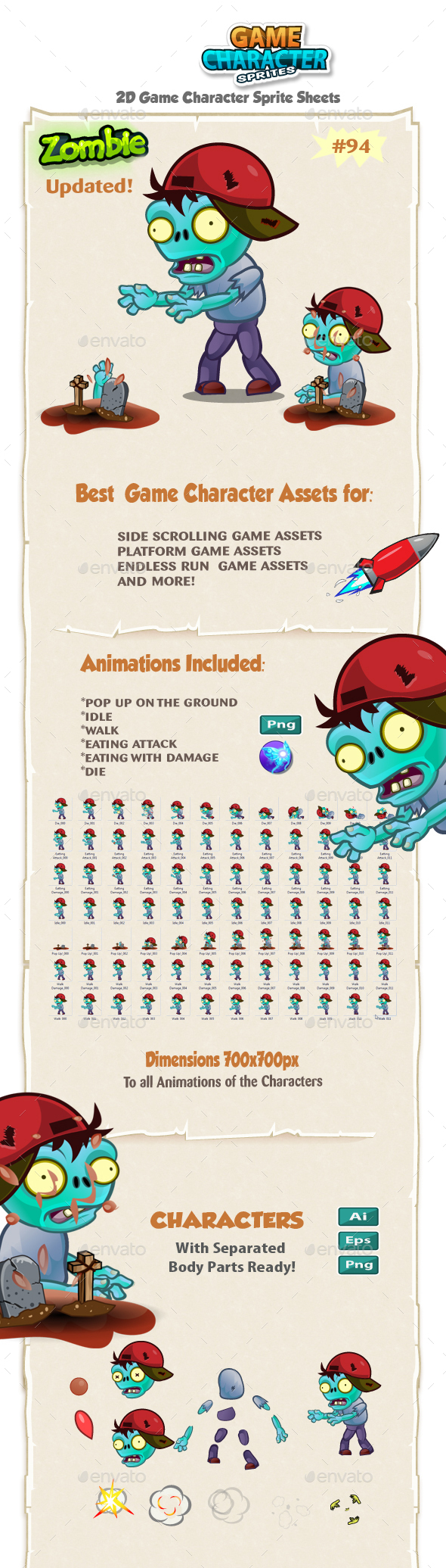 Zombie 2D Game Character Sprites 94 - Sprites Game Assets