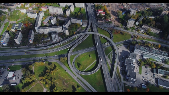 City  Bridge Viaduct Road Traffic Machine Drone Fast Time Cars in Motion Riga Town