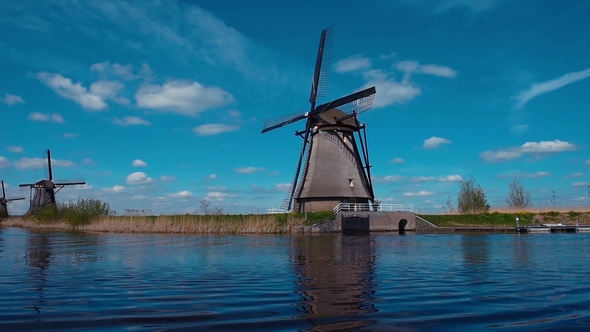 Famous Kinderdijk Mills on the Water Channel. Netherlands, Europe. Unesco World Heritage Site
