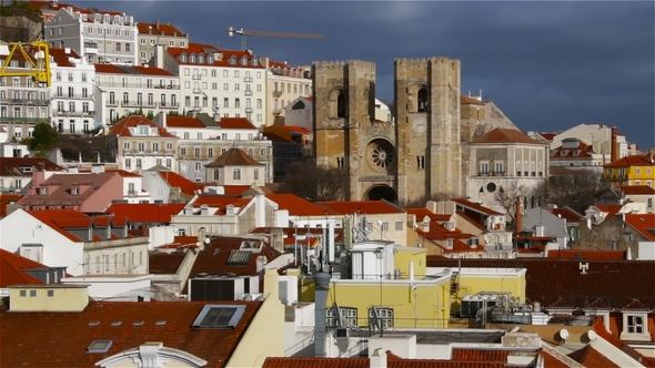 Beautiful View of the Central Part of Lisbon with the Cathedral
