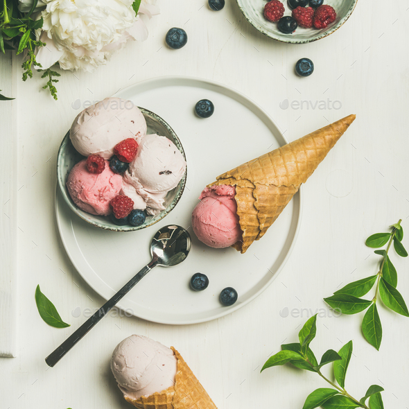 Pink strawberry and coconut ice cream waffle scoops, square crop Stock Photo by sonyakamoz