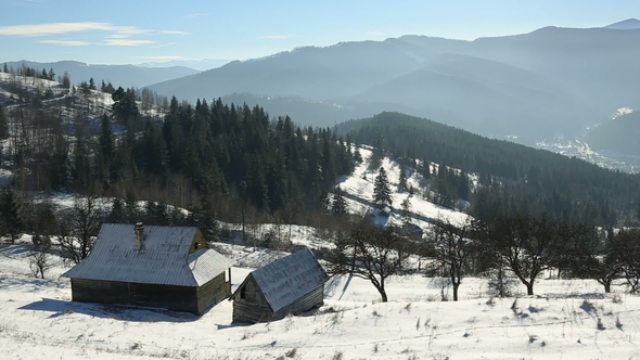 Winter Mountains Landscape with Countryside at Sunny