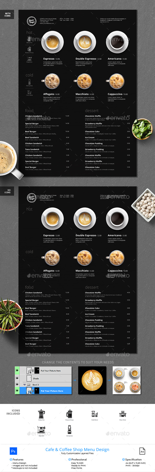 Minimalist Photography Coffee Menu Dark Version - Food Menus Print Templates