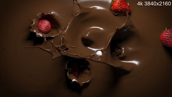 Strawberries Falling into Melted Chocolate 4k