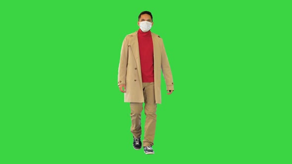 Hispanic Man Walk Wear Surgical Face Mask to Protect From Covid19 Corona Virus Quarantine Epidemic
