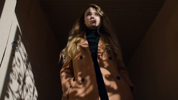 Girl with Beautiful Long Hair Strolls down the Street