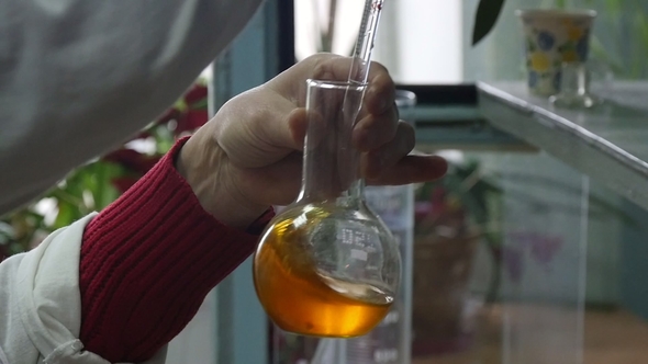 Male Hand Pours Yellow Liquid Into a Flask Through a Tube in a Biotech Lab