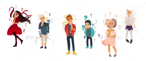Vector Cartoon People with Qestions Thinking Set - Characters Vectors