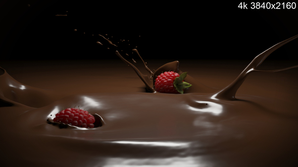 Raspberries Falling into Melted Chocolate 4k