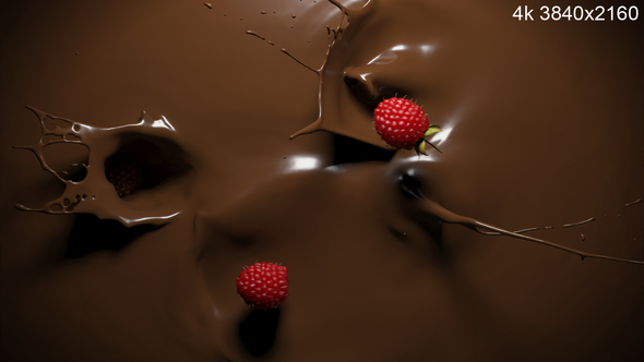 Raspberries Falling into Melted Chocolate, Top View 4k