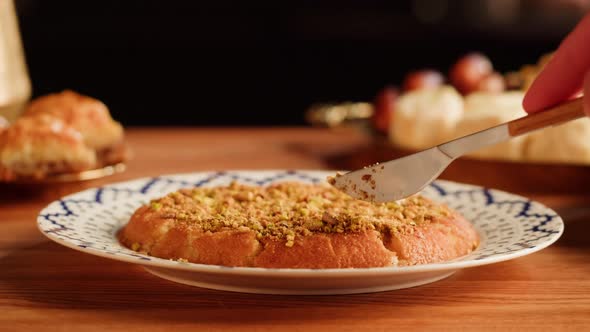Arabic Traditional Sweets Kunafa Dish Closeup alt