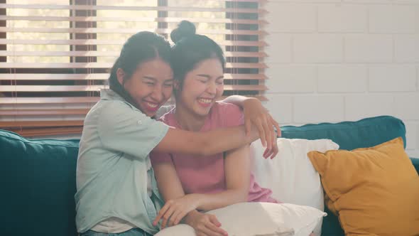 Young Lesbian Lgbtq Asian Women Couple Hug And Kiss At Home Stock Footage