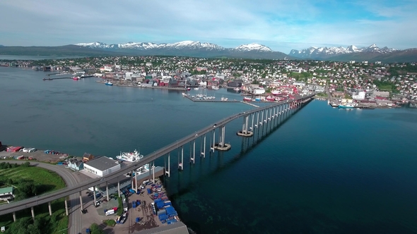 Bridge of City Tromso, Norway Aerial Footage alt
