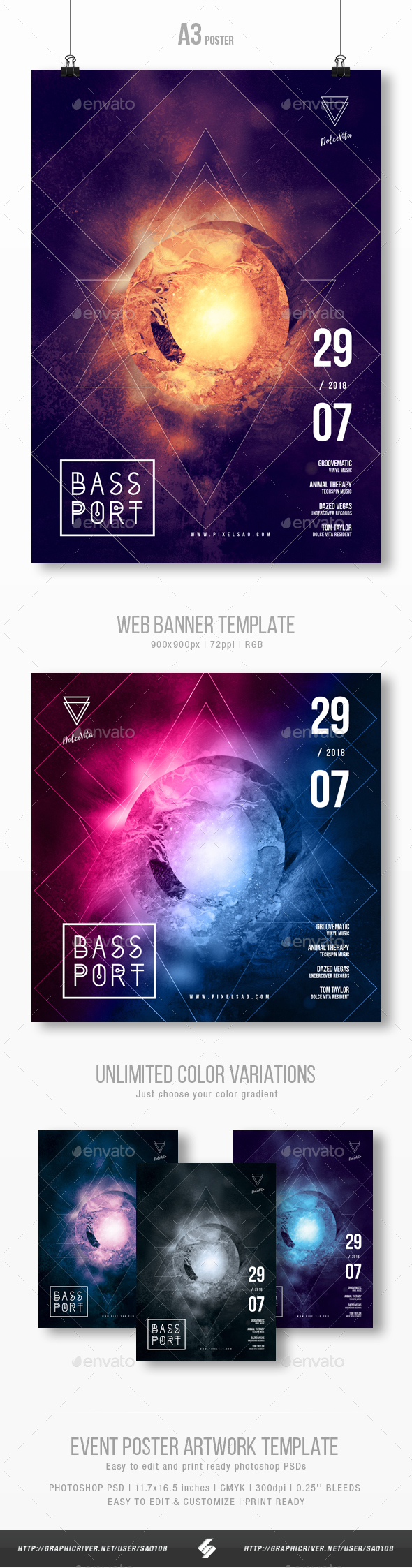 Bass Port - Progressive Party Flyer / Poster Artwork Template A3 - Clubs & Parties Events