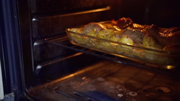 Woman Pulls Ready Food Out of the Oven Potatoes with Chicken Home Cooking