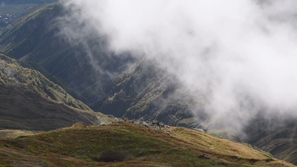 Clouds Fly over the Ridge of the Caucasus near Koruldi Lakes in Upper Svaneti, Mestia Pass