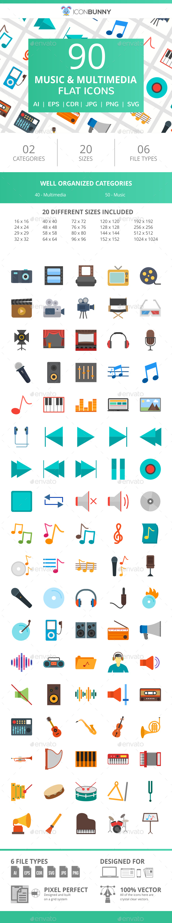 90 Music & Multimedia Flat Icons - Icons