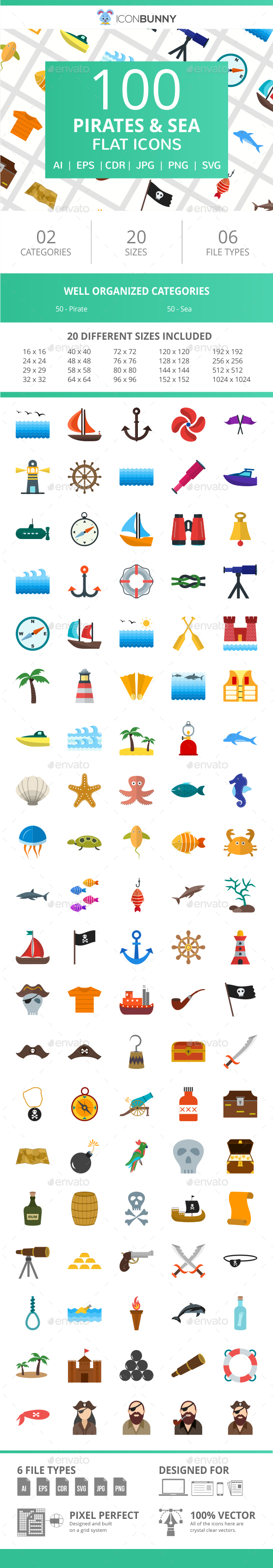 100 Pirate & Sea Flat Icons - Icons