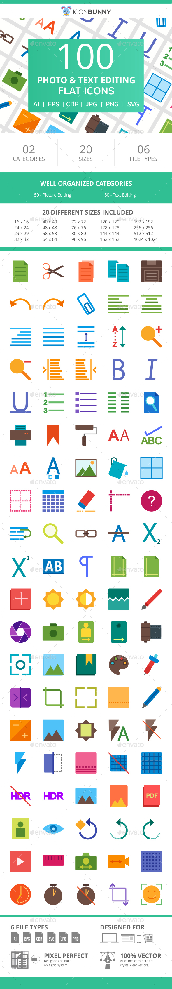 100 Photo & Text Editing Flat Icons - Icons