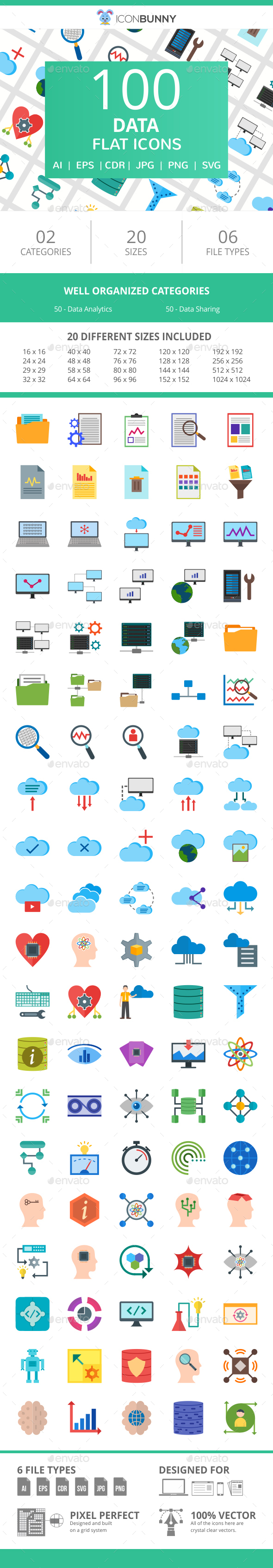 100 Data Flat Icons - Icons