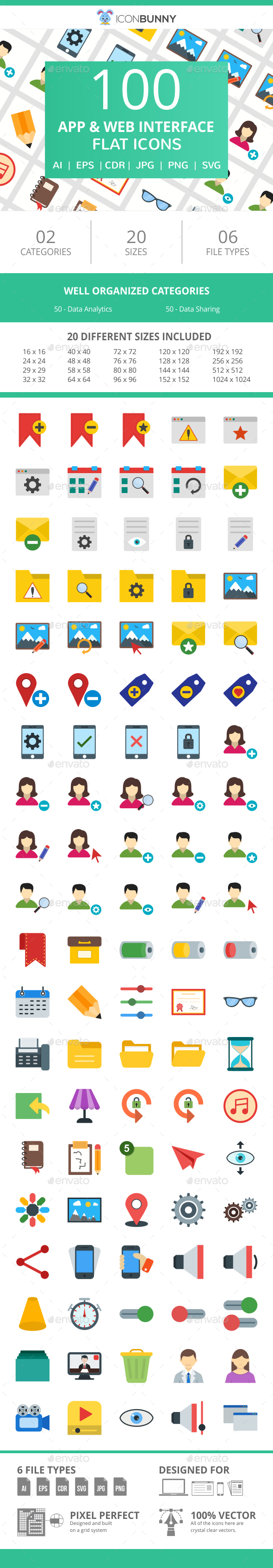 100 App & Web Interface Flat Icons - Icons