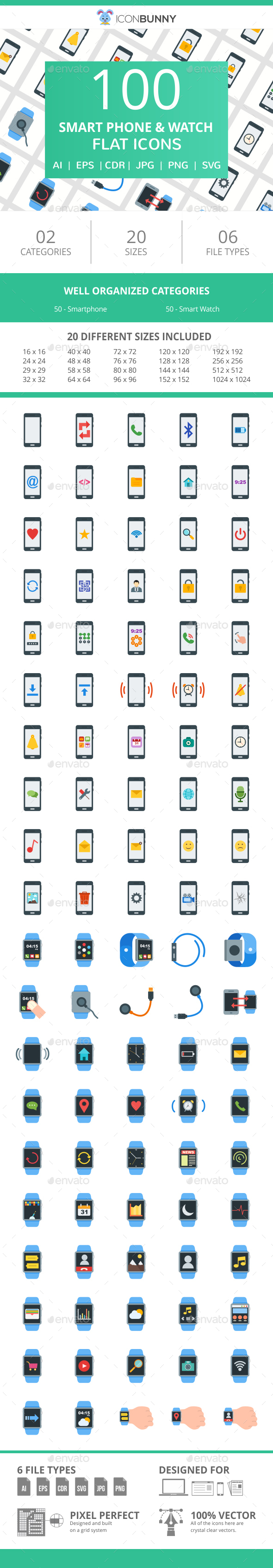 100 Smartphone & Smartwatch Flat Icons - Icons