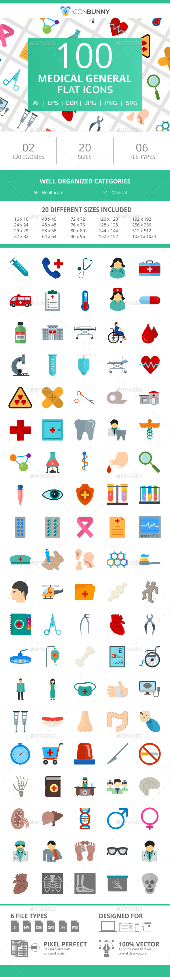 100 Medical General Flat Icons - Icons