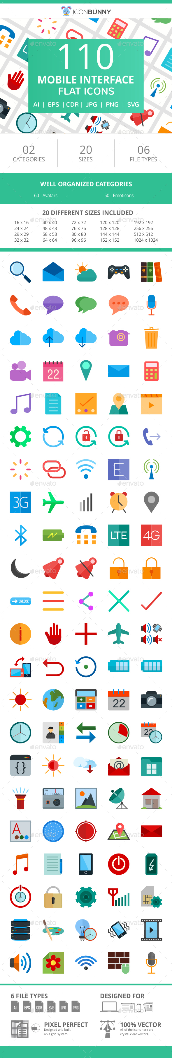 110 Mobile Interface Flat Icons - Icons