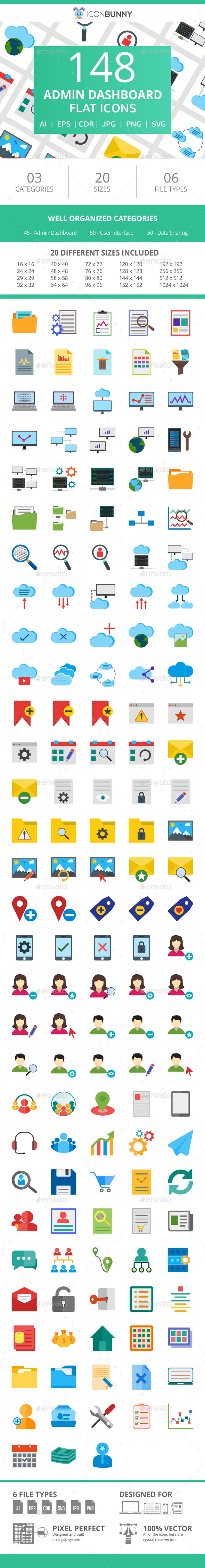 148 Admin Dashboard Flat Icons - Icons