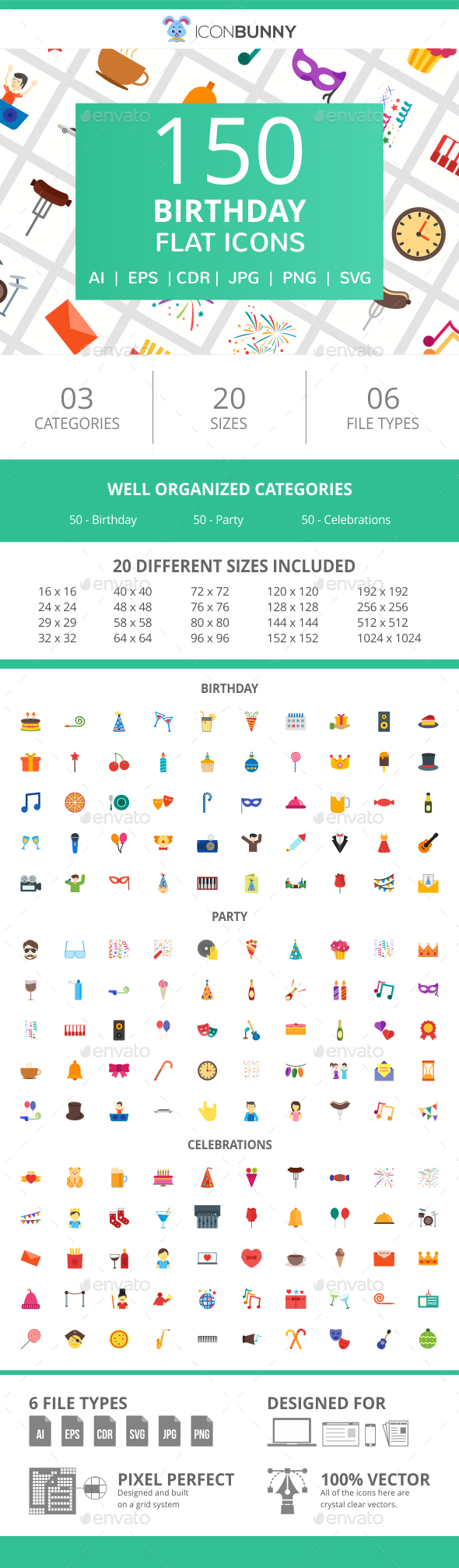 150 Birthday Flat Icons - Icons
