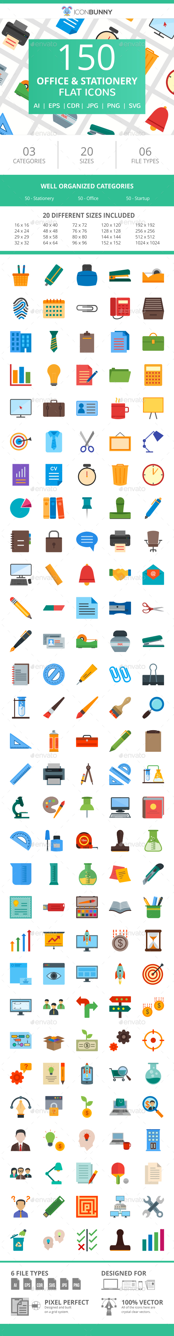150 Office & Stationery Flat Icons - Icons