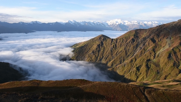 Panoramic View of Mheer Mountain Filmed From Guli Pass. Upper Svaneti, Mestia Near Ushba Pass