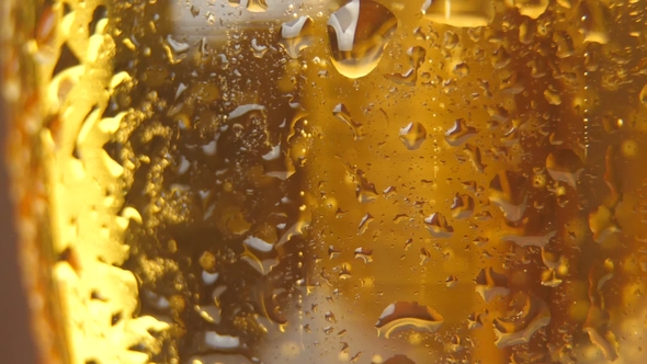 Cold Light Beer with Bubbles in a Glass and Dripping Condensate Drops alt